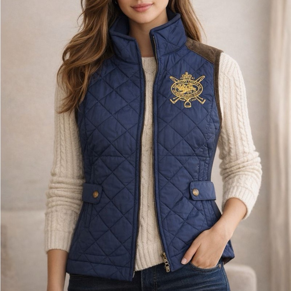 Ralph Lauren Navy and Brown Suede Quilted Fitted Vest
